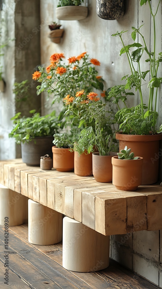 Indoor Garden Display: Potted Plants on Rustic Wooden Bench, Natural Home Decor, Orange Flowers and Green Foliage.