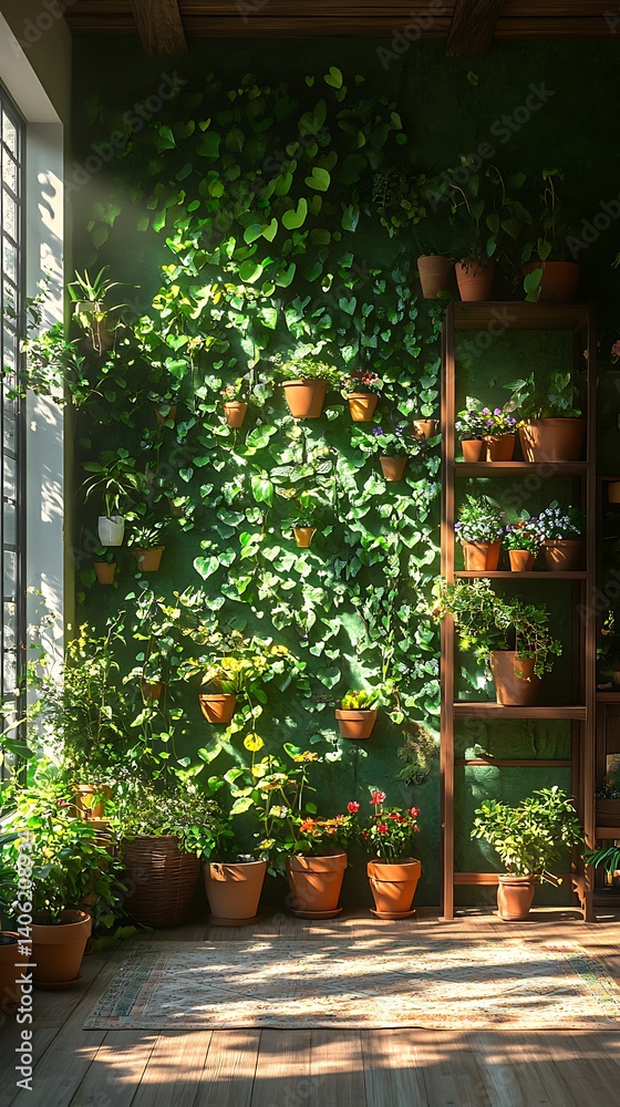 Indoor Garden Oasis: Lush Green Wall with Potted Plants and Sunlight Creates a Peaceful and Invigorating Atmosphere.