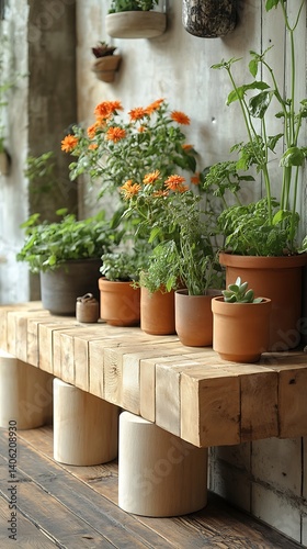 Obraz na płótnie Indoor Garden Display: Potted Plants on Rustic Wooden Bench, Natural Home Decor, Orange Flowers and Green Foliage. w salonie