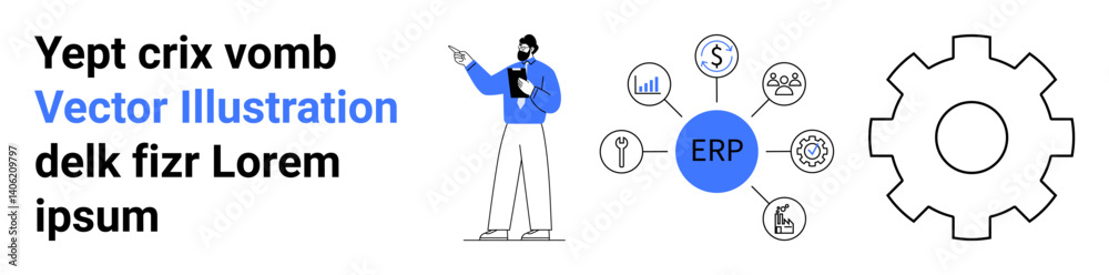 Man holding clipboard, ERP node connected to business icons, and large gear. Ideal for business planning, technology, workflow, automation, system integration, and simple landing page Man holding clipboard, ERP node connected to business icons, and large gear. Ideal for business planning, technology, workflow, automation, system integration, and simple landing page