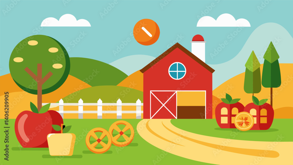 A farm scene of sliced tomatoes and bell peppers with a creamy ranch dip barn and pretzel stick fences.. Vector illustration A farm scene of sliced tomatoes and bell peppers with a creamy ranch dip barn and pretzel stick fences.. Vector illustration