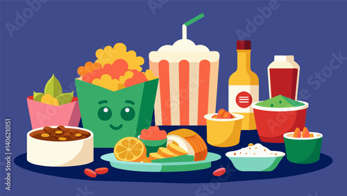 A dinner spread of gourmet popcorn with unexpected flavors like blackberry basil cheddar bacon ranch and curry lime.. Vector illustration