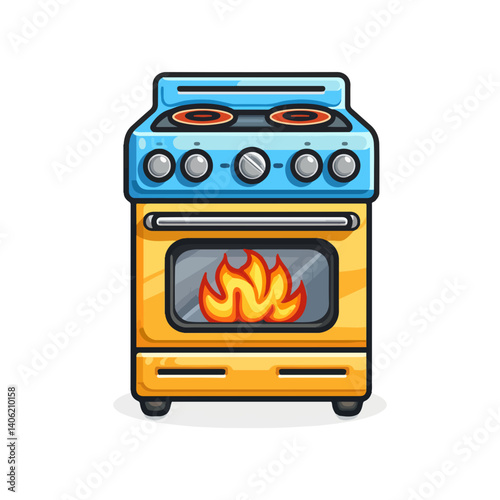 Vibrant Cartoon Illustration of a Retro Kitchen Stove