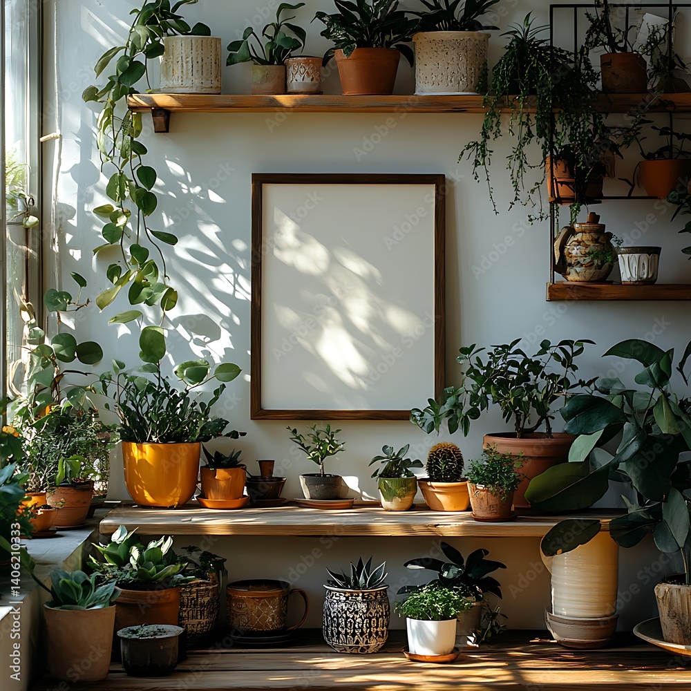 Indoor Plants Collection with Empty Frame, Sunlit Shelves and Artistic Potted Plants, Natural Light Interior, Relaxing Atmosphere.
