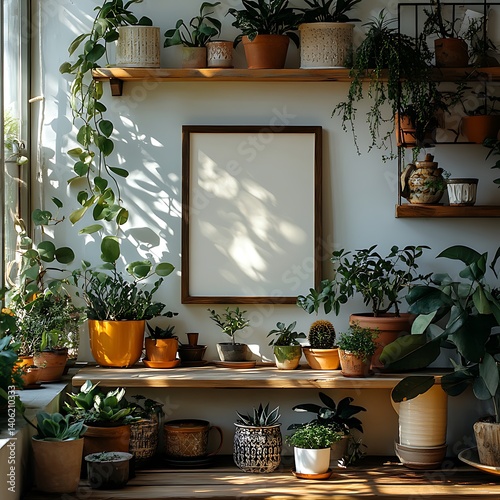 Obraz na płótnie Indoor Plants Collection with Empty Frame, Sunlit Shelves and Artistic Potted Plants, Natural Light Interior, Relaxing Atmosphere. w salonie