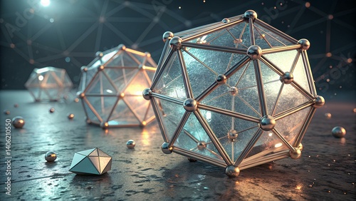 3D Abstract Crystal Polygon Mesh Background with Iridescent Surfaces and Metallic Shine