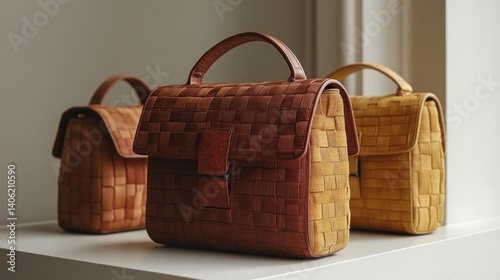 Elegant Woven Leather Handbags Displayed in Earthy Tones for Sophisticated Appeal