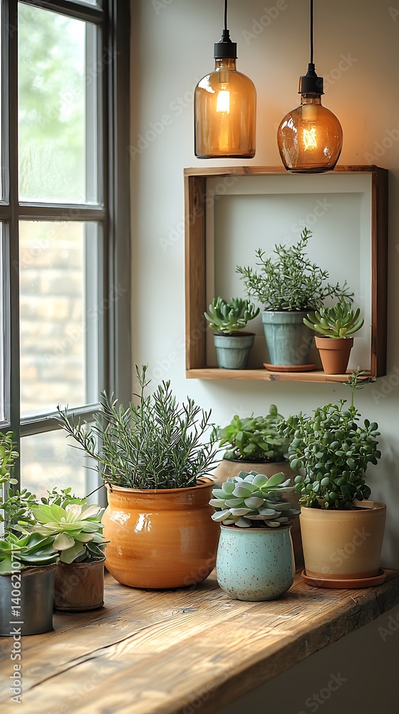 Indoor Plants Near Window with Rustic Wooden Shelf and Ambient Lighting Still Life