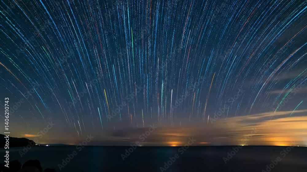 Breathtaking Time-Lapse of Star Trails Over a Serene Seaside at Twilight, Captivating Night Sky with Vibrant Celestial Trave
