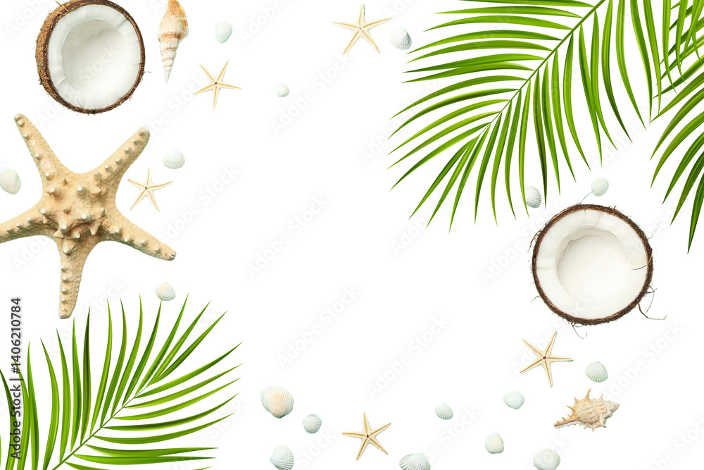 Tropical items frame a bright, warm summer travel theme, isolated on white, PNG