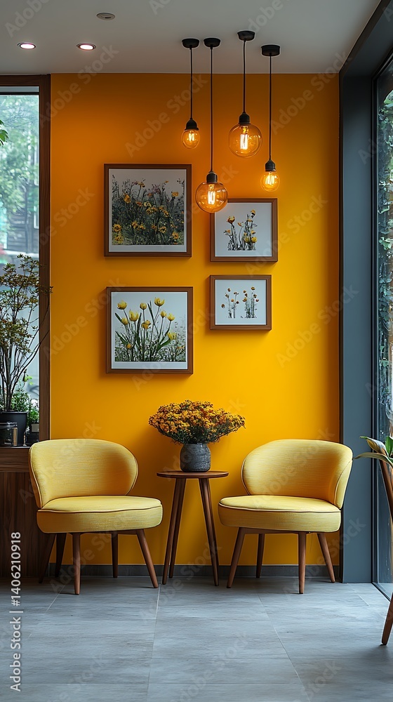 Interior design featuring yellow chairs, vibrant wall art, and modern lighting creating a bright and inviting living space.
