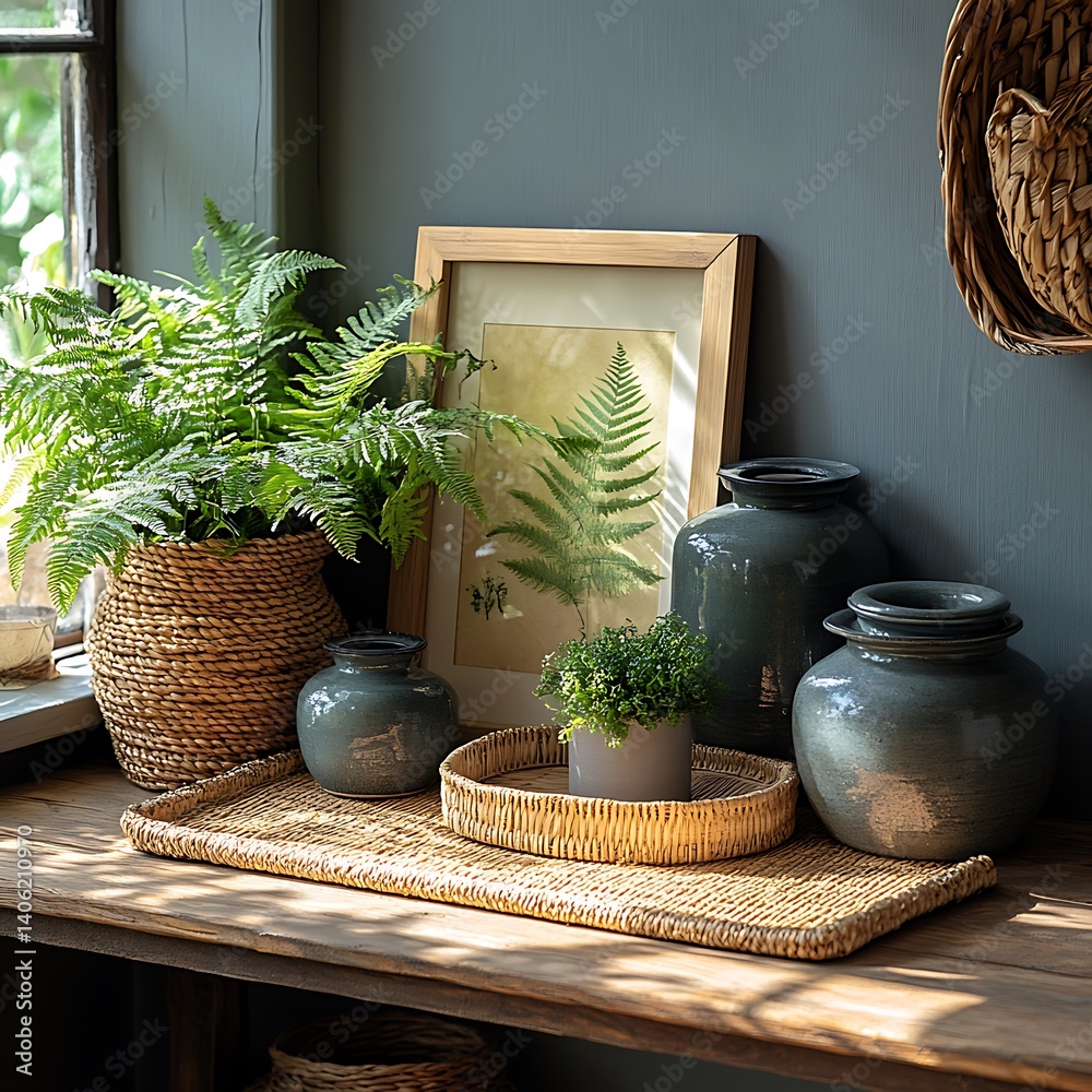 Indoor Still Life Composition Featuring Ferns, Decorative Vessels, and Textured Woven Elements in Natural Light.