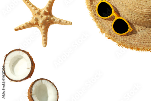 Summer essentials: coconuts, starfish, and trendy shades, isolated on white, PNG