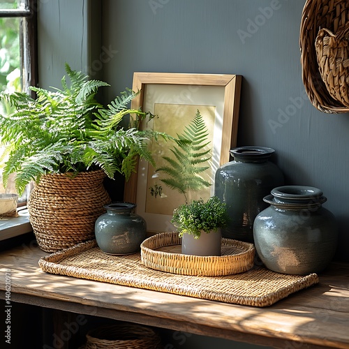 Obraz na płótnie Indoor Still Life Composition Featuring Ferns, Decorative Vessels, and Textured Woven Elements in Natural Light. w salonie