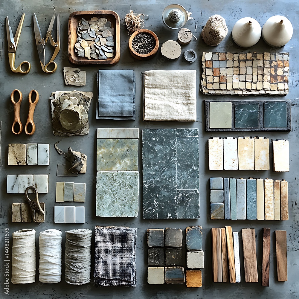 Material Collection: A Curated Array of Textiles, Stone, Wood, and Tools for Interior Design and Craft Inspiration, Flat Lay.