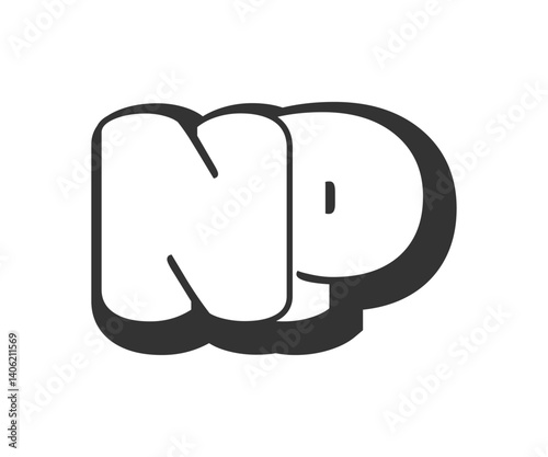 NP logo, bubble comic lettering, rounded in graffiti style black and white silhouette. Trendy preschool N and P letter text for festival party, personal initials, children funky print and web.
