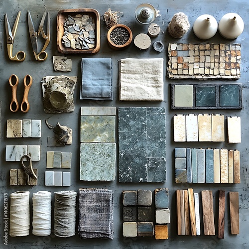 Obraz na płótnie Material Collection: A Curated Array of Textiles, Stone, Wood, and Tools for Interior Design and Craft Inspiration, Flat Lay. w salonie
