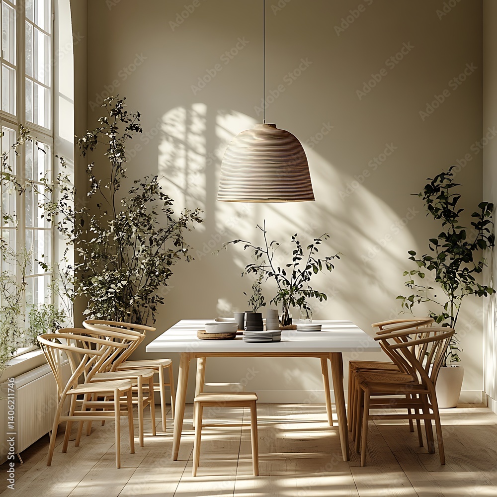 Minimalist Dining Room Interior: Elegant Wooden Chairs, Table, Lighting, and Greenery in a Bright, Modern Home Design.
