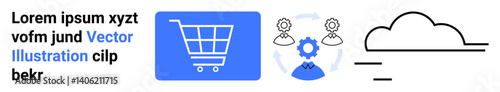 Blue shopping cart, gear for teamwork, cloud imagery for data storage. Ideal for e-commerce, cloud computing, teamwork, online business, digital solutions, collaborative tools simple landing page