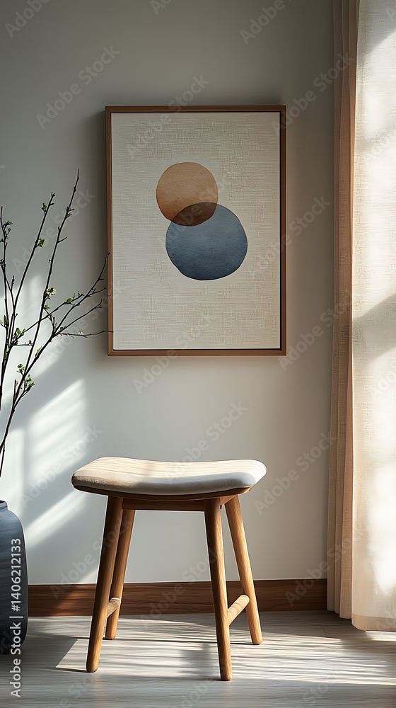 Minimalist Interior Decor Featuring Abstract Art, Wooden Stool, and Natural Elements in a Peaceful Room Setting.