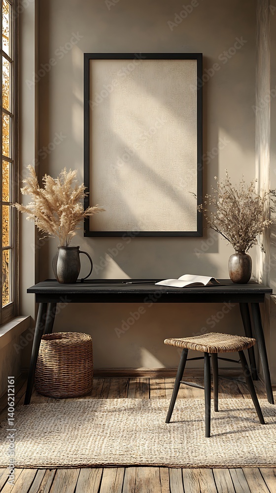 Minimalist Home Office Nook with Wooden Desk, Stool, Neutral Color Palette, and Natural Light: Serene Interior Decor Inspiration.