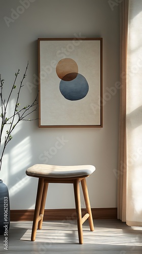 Obraz na płótnie Minimalist Interior Decor Featuring Abstract Art, Wooden Stool, and Natural Elements in a Peaceful Room Setting. w salonie