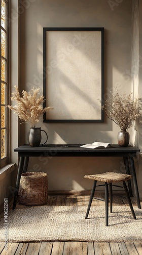 Obraz na płótnie Minimalist Home Office Nook with Wooden Desk, Stool, Neutral Color Palette, and Natural Light: Serene Interior Decor Inspiration. w salonie