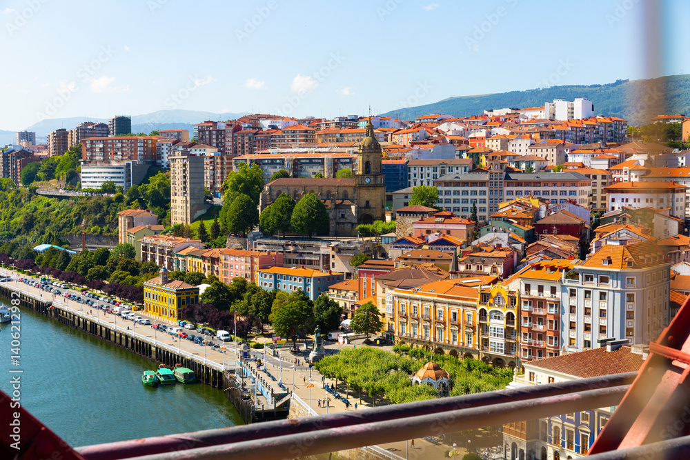 Fototapeta premium Panorama view of Portugalete with river from Vizcaya Bridge, Spain..
