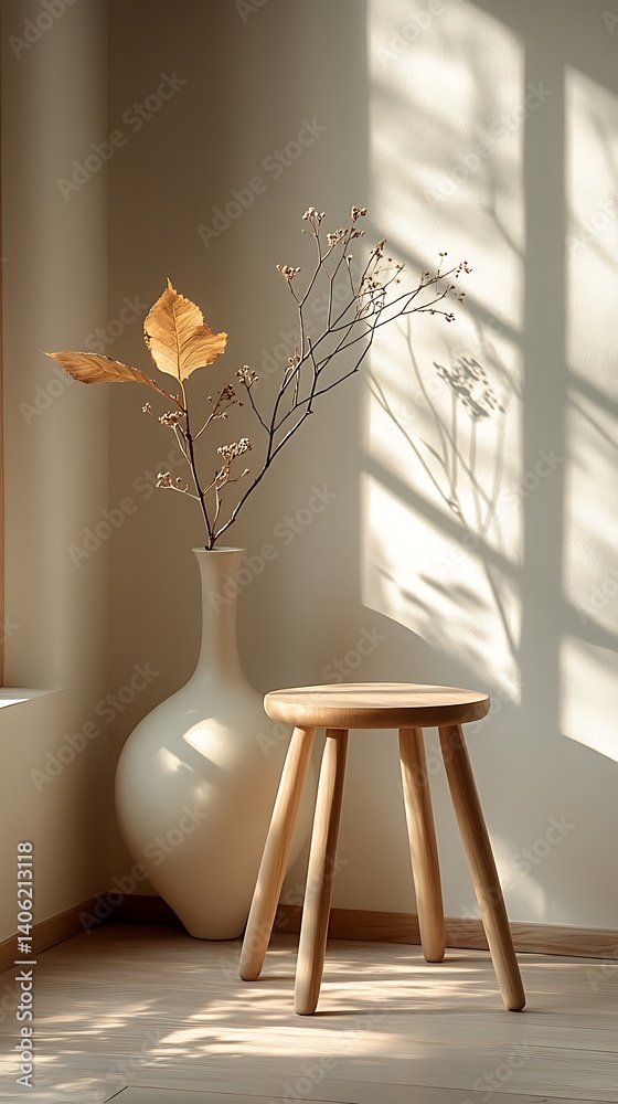 Minimalist Interior Design Still Life: Vase with Dried Leaves, Wooden Stool, and Sunlight Shadow Art.