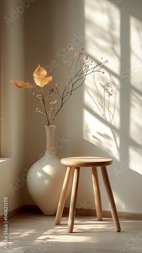 Obraz na płótnie Minimalist Interior Design Still Life: Vase with Dried Leaves, Wooden Stool, and Sunlight Shadow Art. w salonie