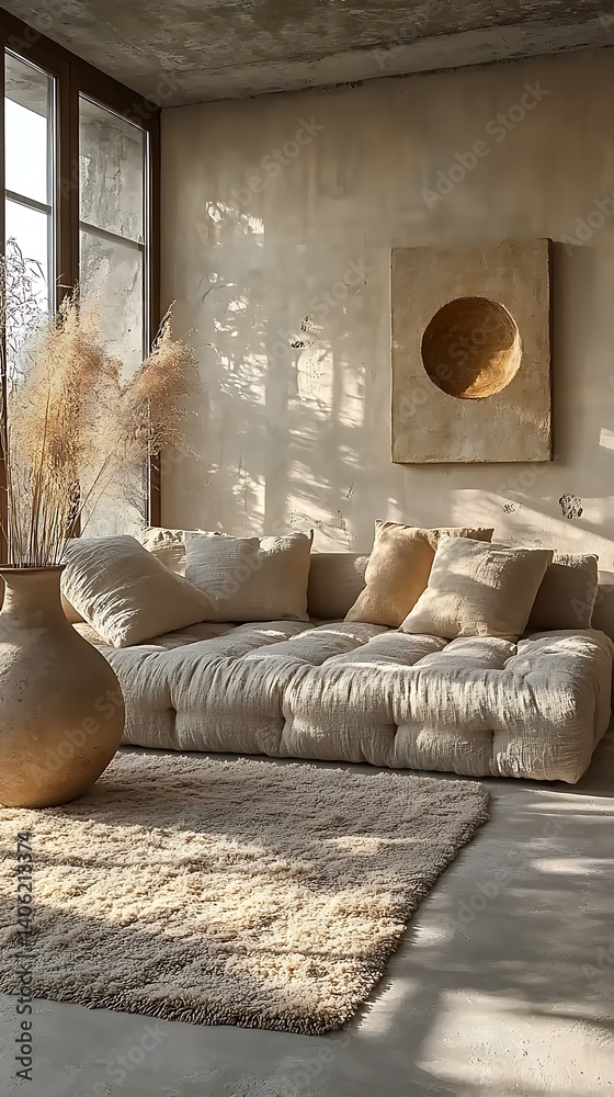 Minimalist Interior Scene: Neutral Tones, Textured Walls, Comfortable Couch, Natural Light, Elegant Home Decor Featuring Vase and Rug.
