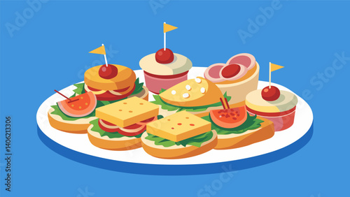 A platter of fancy mini sandwiches featuring artisanal meats imported cheeses and homemade spreads for a truly gourmet experience.. Vector illustration