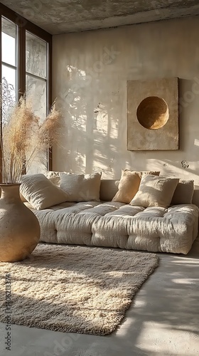 Obraz na płótnie Minimalist Interior Scene: Neutral Tones, Textured Walls, Comfortable Couch, Natural Light, Elegant Home Decor Featuring Vase and Rug. w salonie