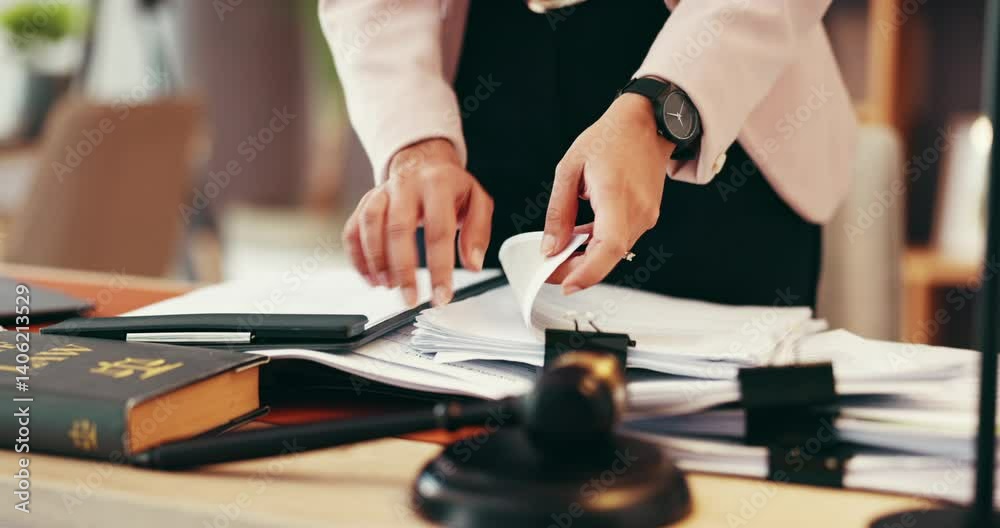 Person, hands or lawyer with paperwork for legal advice, testimonial or statements at office desk. Closeup, judge or attorney with documents or gavel for lawsuit, regulation or case notes at law firm