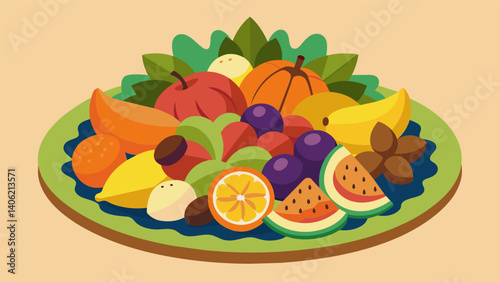 A harmonious blend of natural flavors on a decorative platter with an array of colorful fruits and various types of nuts.. Vector illustration