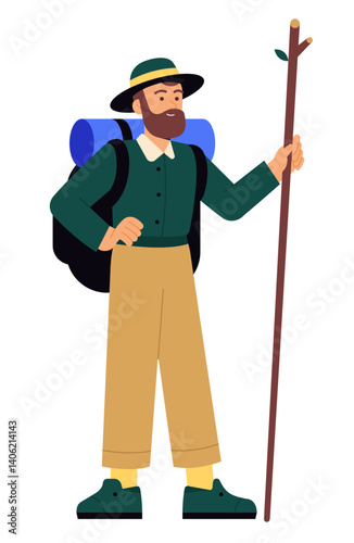 Male Hiker with Backpack and Walking Stick – Flat Vector Character