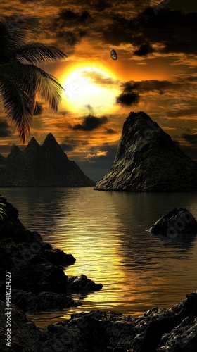 Glowing sunset reflecting on water; mountains in background. Palm on left adds to beauty