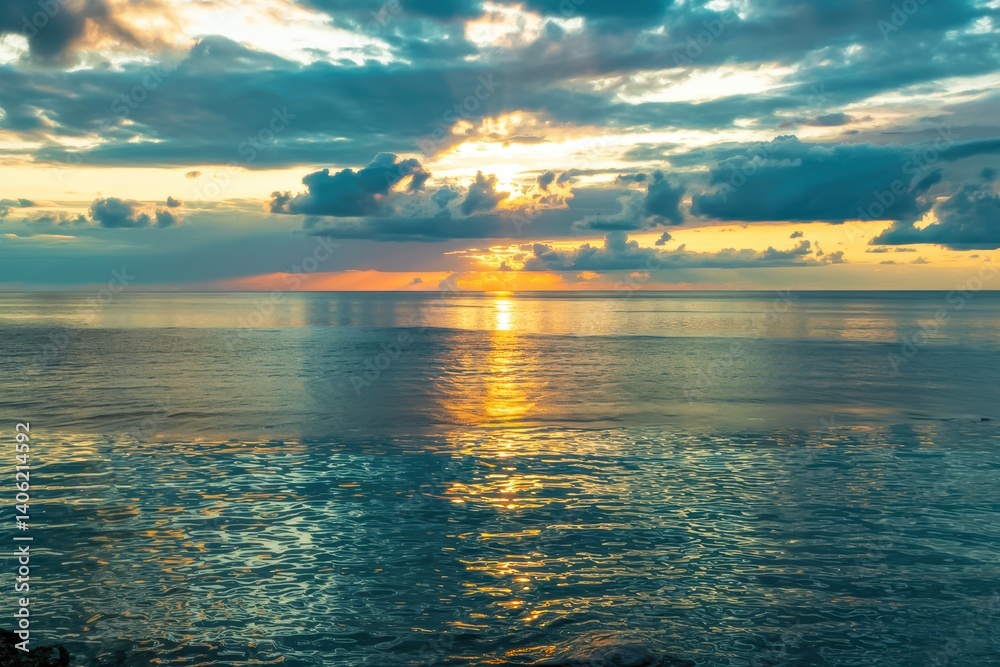 Fototapeta premium Breathtaking sunset over a tranquil ocean, casting vibrant colors across the sky and water.