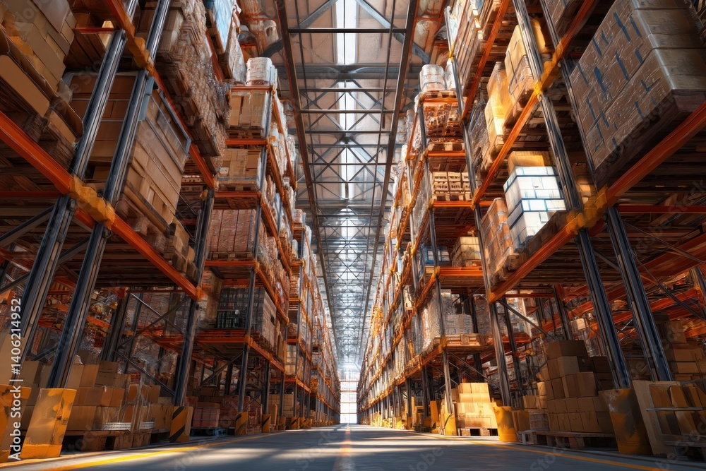 Obraz premium Huge distribution warehouse with high shelves. 