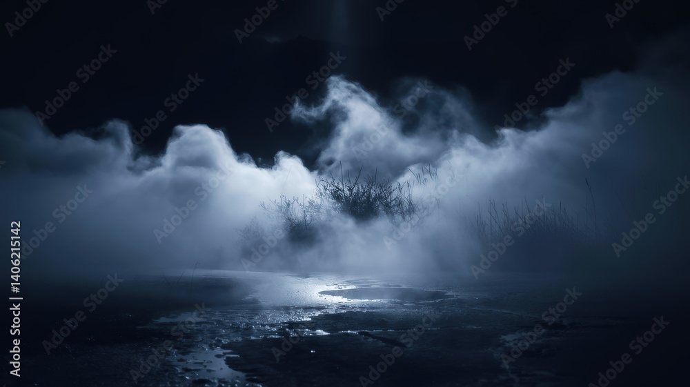 Fototapeta premium Mystical fog enveloping a desolate landscape under the moonlight.