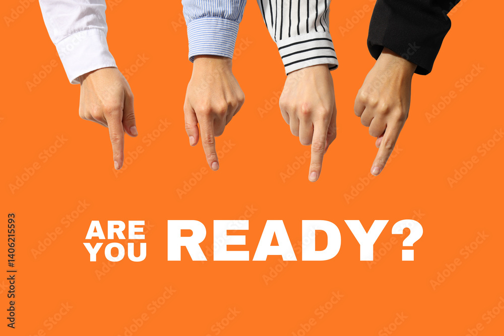 Job interview, Hands point toward the question Are you ready? on a vibrant orange background, emphasizing motivation for job interview preparation