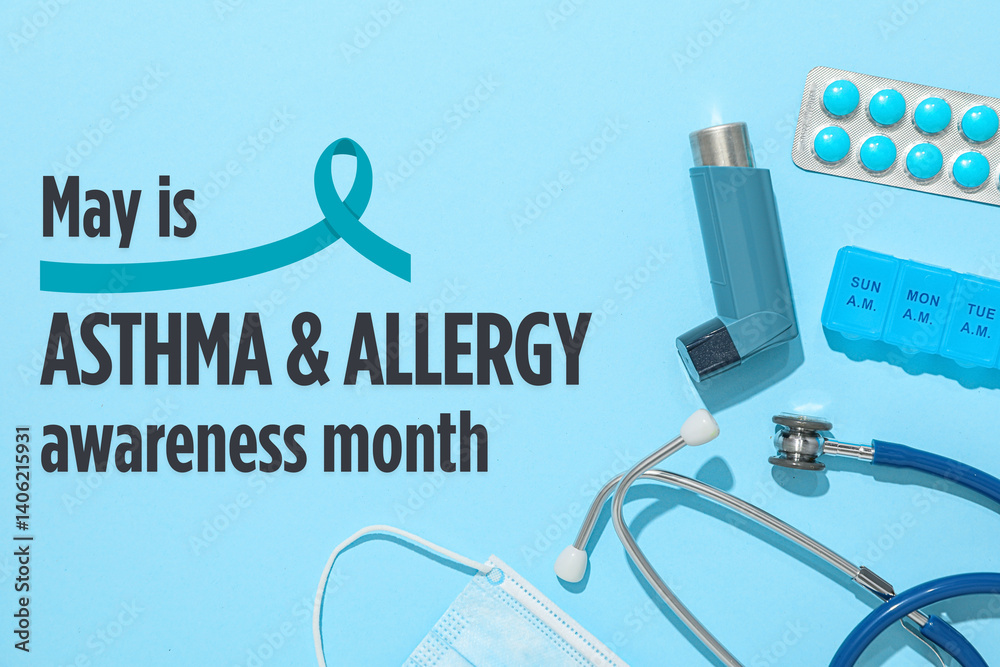 Asthma and allergy awareness month is highlighted with medical items on a light blue background