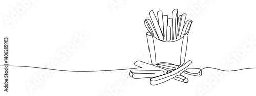 Fast food, French fries, continuous line vector illustration with background editable stroke.