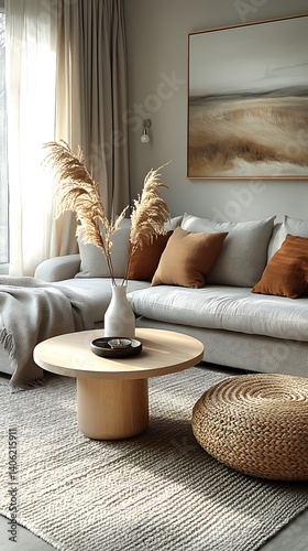 Obraz na płótnie Modern Living Room Interior with Neutral Color Palette, Decorative Accents, and Natural Light for Relaxing Ambiance. w salonie
