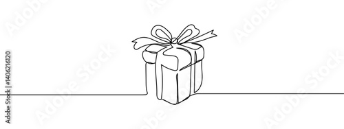 Gift box tied with continuous ribbon bow vector illustration with background editable stroke.