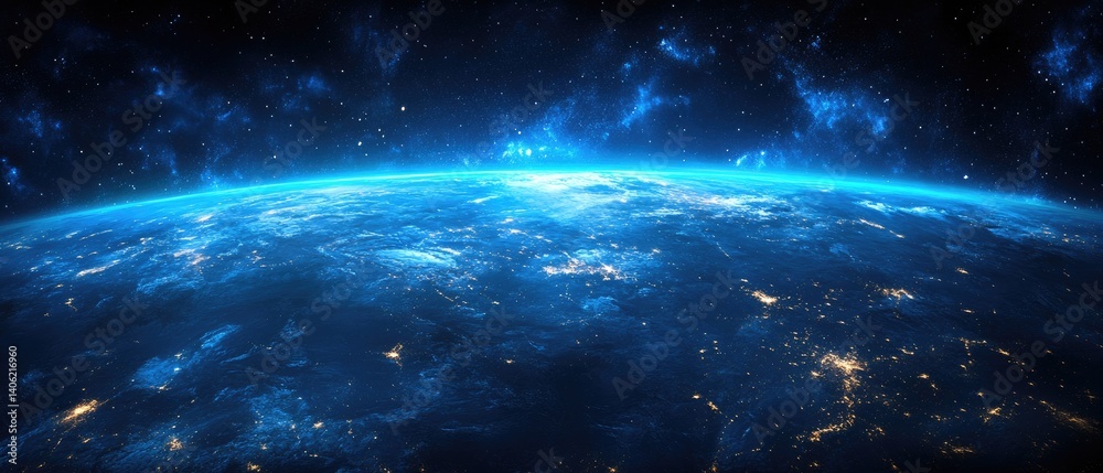 Fototapeta premium Glimpse of Earth from space; city lights glow, clouds swirl, and the atmosphere shines in blue