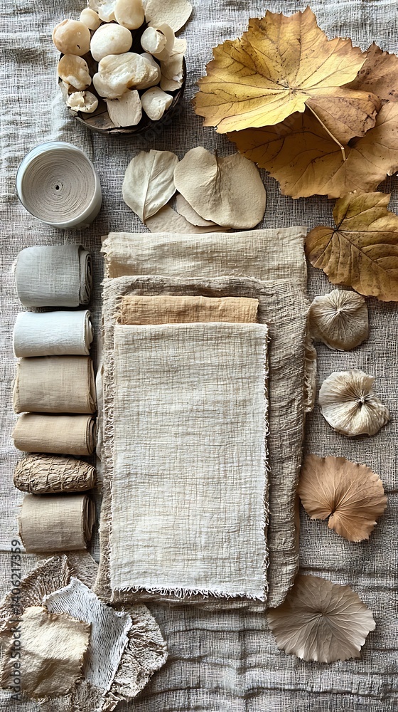 Neutral Textured Still Life: Fabrics, Natural Elements, and Textures in Beige and Tan Hues, Creating a Calming Aesthetic.