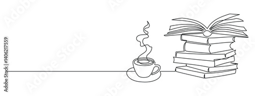 Stack books and cup of coffee in one continuous line drawing. Writing in diary and knowledge library concept in simple linear style. Editable stroke. Doodle oneline vector illustration.