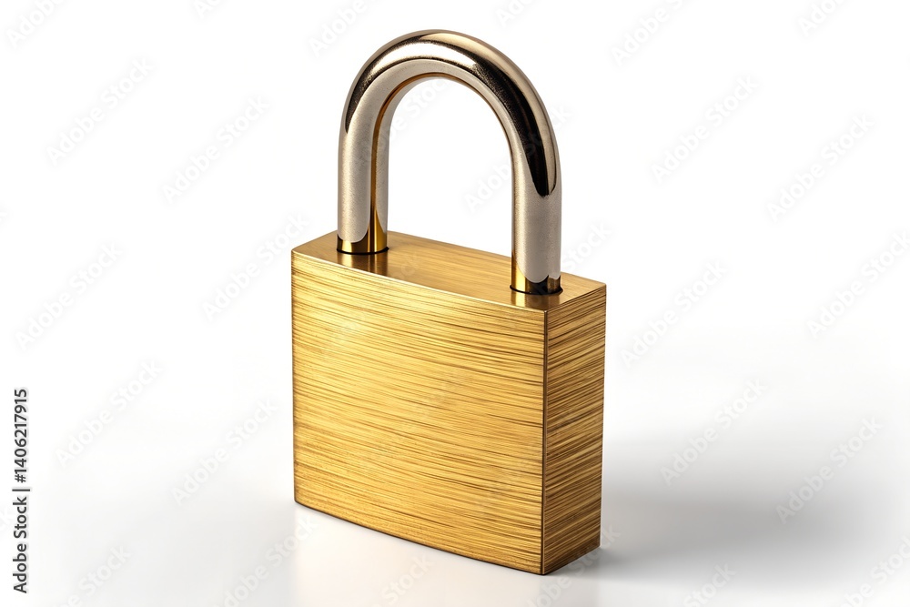 Golden Padlock: A sturdy brass padlock, gleaming with a rich golden hue, sits on a reflective surface, symbolizing security, safety, and protection. Golden Padlock: A sturdy brass padlock, gleaming with a rich golden hue, sits on a reflective surface, symbolizing security, safety, and protection.