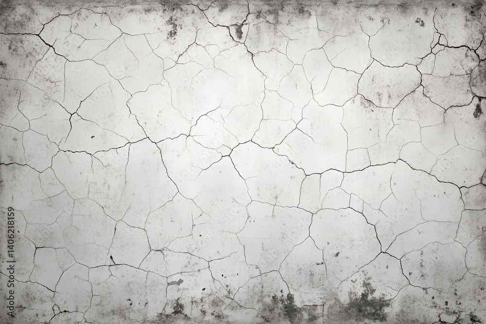 Obraz premium Textured Wall with Cracks: An eye-level view showcases a weathered wall with a detailed pattern of cracks, depicting age and history. Emphasizing texture, detail, and a sense of decay.